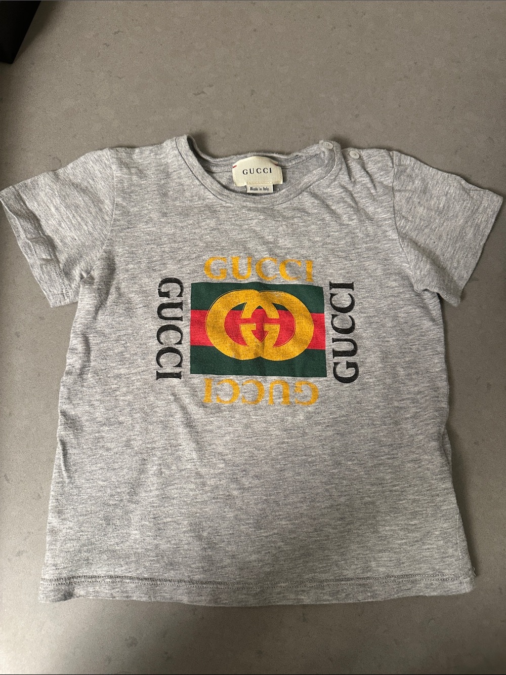Gucci Kids Heather Gray Tee with Green/Red Stripe and Yellow Logo